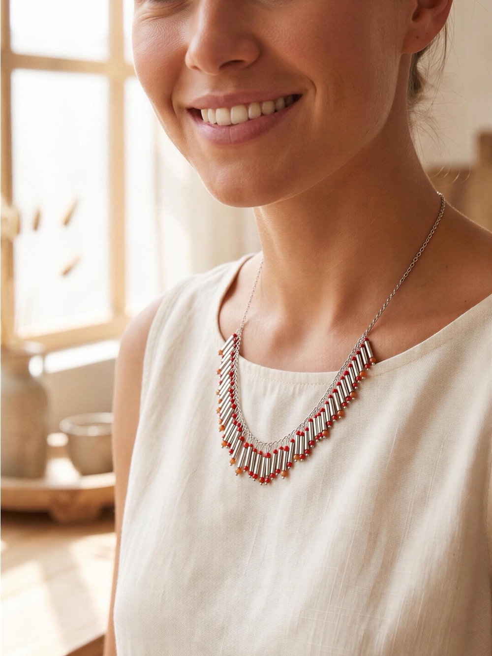 Erica Lyons Silver Tone Liquid Tube Fringe Bib Statement Necklace Boho NWT